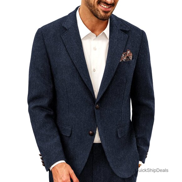 Vintage Wool Blend Sport Coat Herringbone Tweed Blazer Two Button Closure